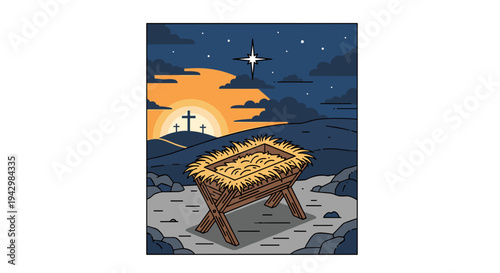 A serene nativity scene featuring a straw-filled manger under a starry night sky, illustrated in a modern flat style