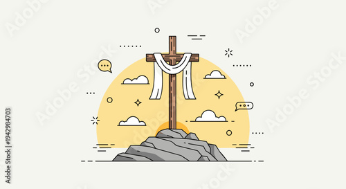 A minimalist illustration of a cross on a rocky base, featuring a sunburst background in a modern style