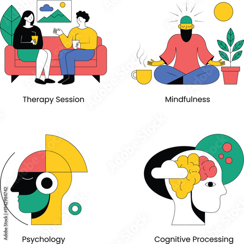 Mental health and wellness vector illustration set for psychology