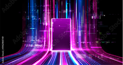Futuristic digital open door or portal, glowing neon cyberspace. Abstract vector background with dynamic data streams and glich effect, 3d tech gate entrance illuminated by blue purple light