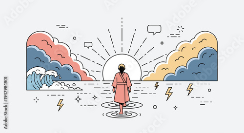 A serene landscape featuring a person meditating by the water, in a modern flat style with vibrant colors