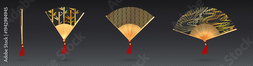 Japanese fan with traditional ornate paper design, realistic vector illustrations isolated on transparent. Asian handheld accessory with golden bamboo handle and decorative oriental seigaiha patterns