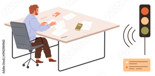 Productivity, office workflow, prioritization, efficiency, task management, workspace organization. A man seated at a desk analyzing papers, red light signaling task status. Productivity and office