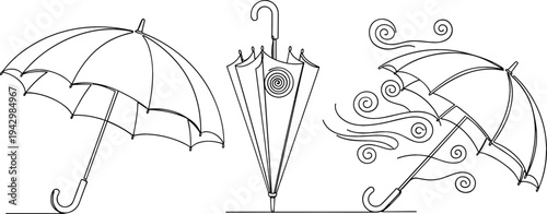Hand Drawn Umbrella Set with Open Umbrella, Closed Umbrella and Windy Storm Umbrella Illustration for Rain Protection, Weather Concept and Seasonal Design