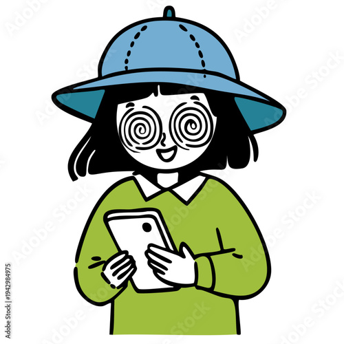 Little girl school kid brain rot spinning swirly eyes fixated screen time looking at phone, social media gen z millenial internet meme icon, endless mindless scrolling addiction illustration drawing, 