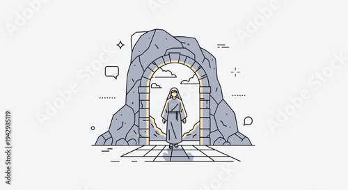 A minimalistic illustration of a figure standing in an archway surrounded by rocks, featuring a modern outline style