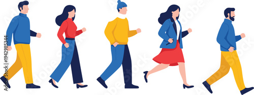 Flat vector illustration of diverse people walking and running, faceless characters in colorful casual outfits isolated on white background, lifestyle