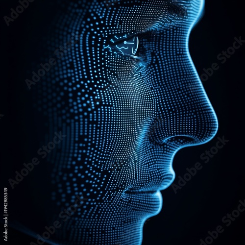 Digital Face A close-up profile of a human face constructed from glowing blue dots, with a circuit board pattern in the eye, symbolizing AI and digital consciousness. ,AI,DigitalArt