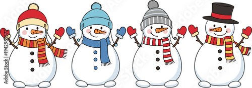 Cute Snowman Characters Winter Holiday Vector Set with Scarves, Hats and Mittens Cartoon Illustration for Christmas Greeting Cards and Seasonal Designs