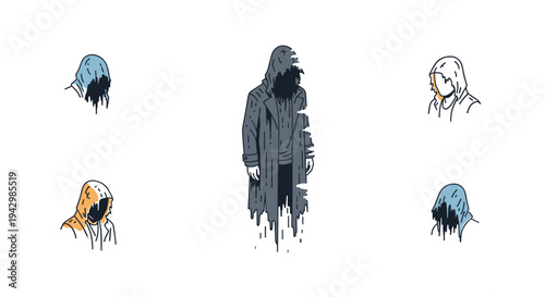 A collection of ghostly figures featuring a central hooded character in a minimalist style, suitable for creative projects