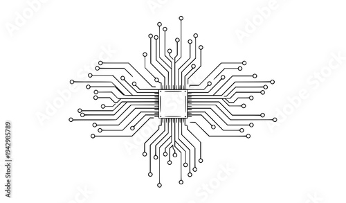 Abstract circuit board network with microchip and geometric technology connections vector design