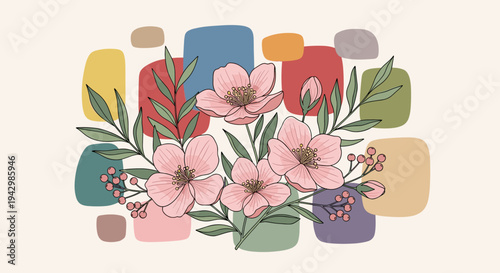 A vibrant floral arrangement featuring pink flowers and green leaves, styled with colorful geometric shapes in the background