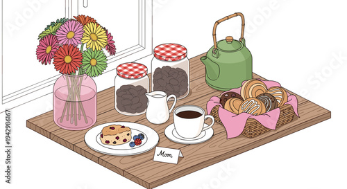 A cozy scene featuring a wooden table with flowers, cookies, and a cup of coffee in a minimalist style