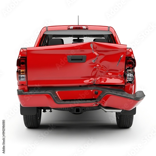 Red pickup truck with severely dented and damaged rear end isolated on white background