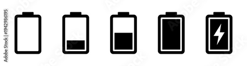 Battery charge level icon set showing empty, low, medium, full and charging states. Power indicator symbols for mobile apps, device status display and interface UI design