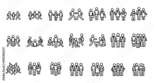 Diverse groups of people in simple line drawings, illustrating teamwork and community.