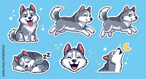 Charming Husky Cartoon Stickers - A Collection of Playful Pups in Various Poses.