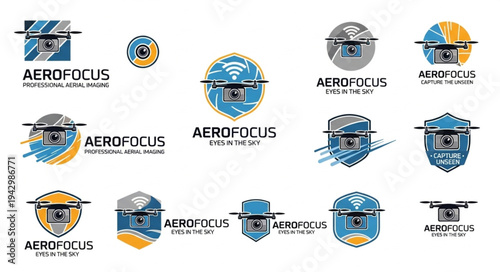 Collection of drone logos featuring aerial photography and technology.