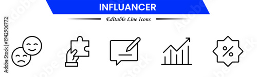 Influencer icons depicting social media creators, followers, engagement, branding, promotion, livestreams, content creation, audience growth, networking, trends, visibility, marketing, and online infl