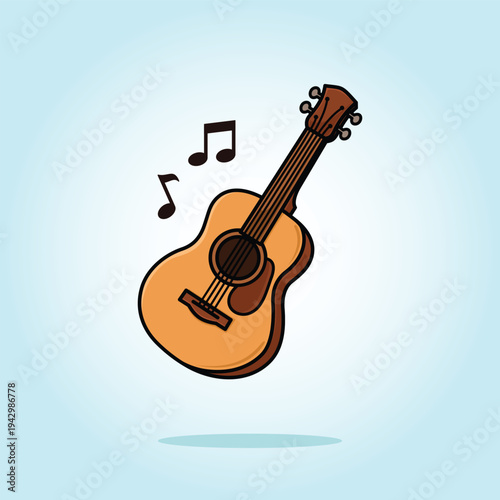 Cartoon Acoustic Guitar with Musical Notes Cute Cartoon Icon Vector Illustration. Isolated background. Flat Cartoon Style