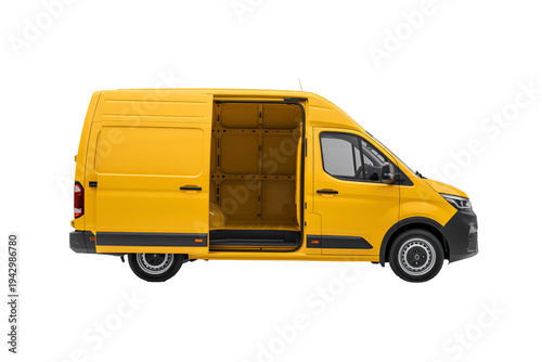 Bright yellow delivery van parked on a road with cargo door open