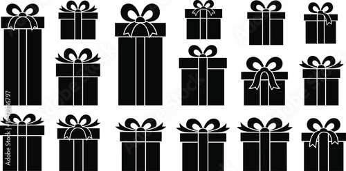 Black silhouette gift boxes collection, various ribbon styles and shapes, holiday celebration design elements, festive decoration flat vector illustration