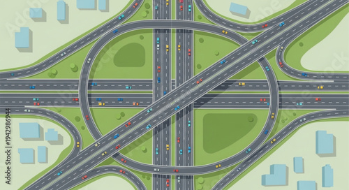 Aerial View of a Complex Highway Interchange with Green Spaces.