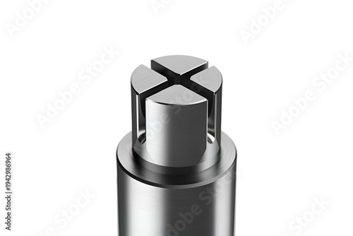 Close-up view of a metallic bolt with a cross-shaped head and threaded shaft