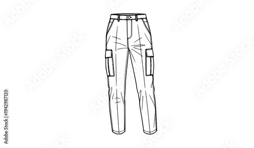 Trendy cargo pants vector line art fashion illustration black and white design