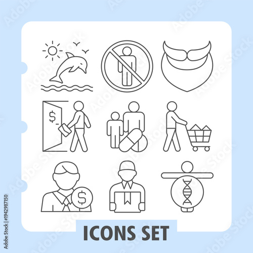 Dolphin, visitor door, financial advisor icons, collection illustrating concepts such as nature, commerce, health, delivery and research. Set of nine thin line icons on white background.