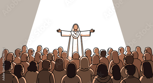 A crowd of people gathered around a central figure with outstretched arms, depicted in a minimalist style