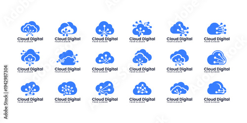 Set of cloud technology icons representing digital computing, data network, and modern tech innovation.