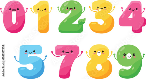 Playful cartoon numbers 0 to 9 with expressive faces and bright colors, cheerful kids learning math illustration, education, flat vector illustration