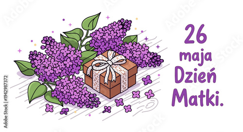 A vibrant illustration featuring lilac flowers and a gift box, in a modern, flat style, suitable for Mother's Day