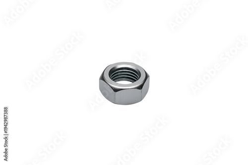 Hexagonal nut with a smooth, flat top and threaded interior for secure fastening applications