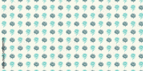 Repeating Pattern of Blue and Teal Chrysanthemum Flowers on Cream Background floral