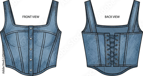 Denim Corset Top Technical Fashion Illustration Vector Featuring Front and Back Views, Lace-Up Design Symbol, Apparel Construction Icon, and Marketplace Success
