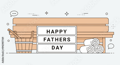 A minimalist illustration featuring a wooden bench with a Father's Day message, ideal for greeting cards and celebrations