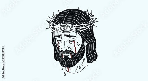 Illustration of a sorrowful figure with a crown of thorns, featuring a bold, modern style and religious theme