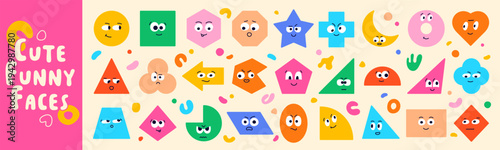 Pack with cute childish characters made from simple geometric figure faces. Color elements with tiny stick legs, big eyes and funny emotions.
