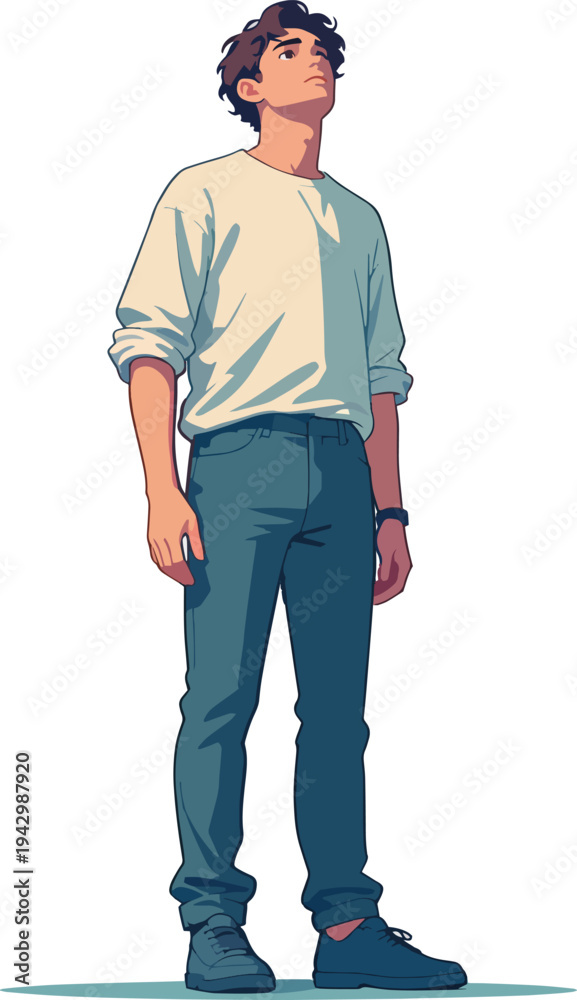 Fototapeta premium Illustrazione vettoriale di una persona che guarda verso l’alto con espressione attenta. Concetto di osservazione, curiosità, attesa, speranza o ricerca di qualcosa sopra di sé.