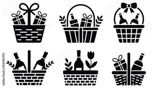 Gift basket decorative vector illustration filled with presents flowers and festive items, celebration and holiday symbol