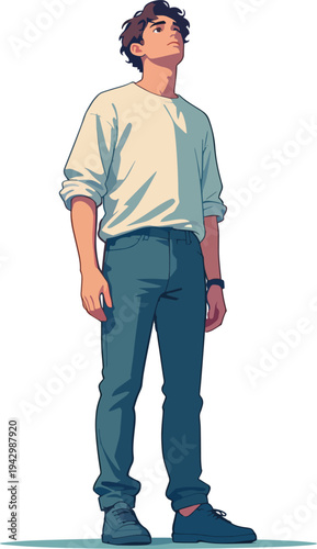 Illustrazione vettoriale di una persona che guarda verso l’alto con espressione attenta. Concetto di osservazione, curiosità, attesa, speranza o ricerca di qualcosa sopra di sé.