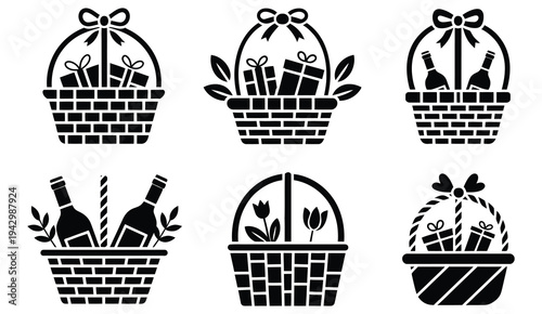 Gift basket decorative vector illustration filled with presents flowers and festive items, celebration and holiday symbol