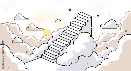 A whimsical illustration of stairs leading through fluffy clouds, featuring a minimalist and modern style