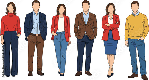 Flat vector illustration of professional business people wearing smart casual office clothing standing in a row on a white background