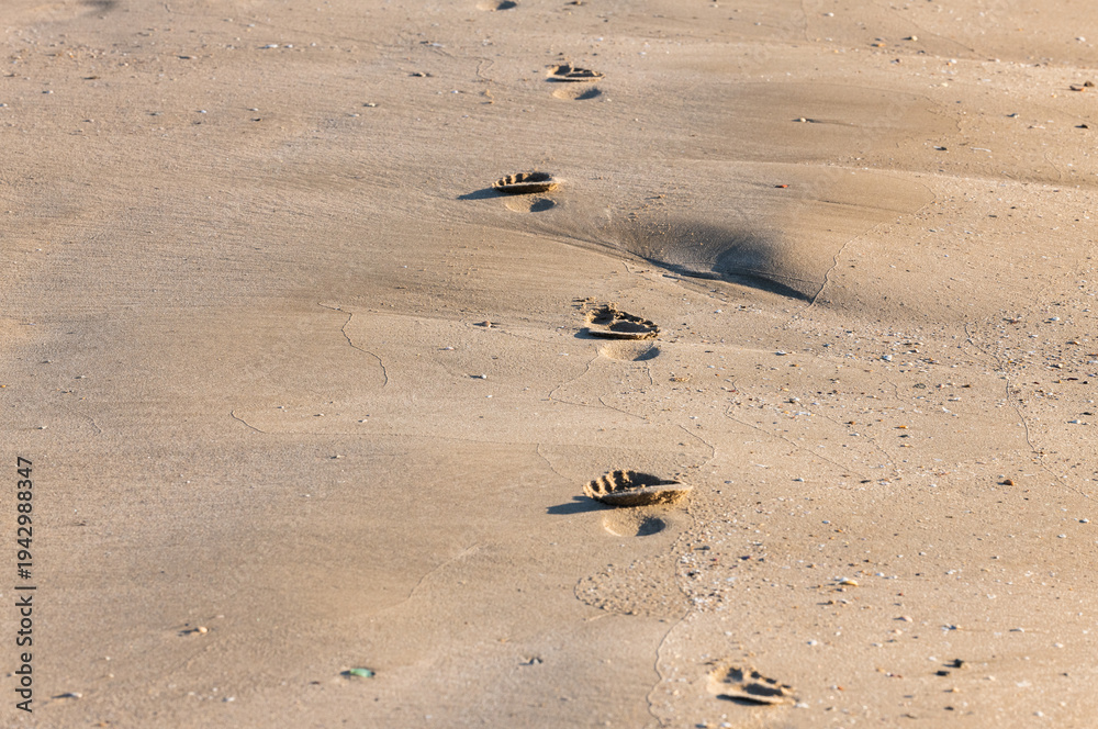 Obraz premium Female Footprints in Sand on Beach – Walking Path in Summer