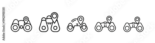 Binoculars and location pin outline icon set featuring optical spyglass and map point for search discovery and navigation tracking and more vector illustration or editable stroke