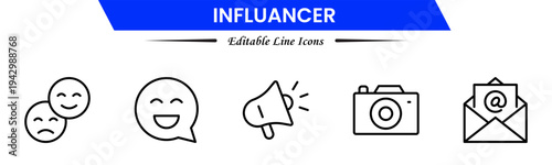 Influencer icons depicting social media creators, followers, engagement, branding, promotion, livestreams, content creation, audience growth, networking, trends, visibility, marketing, and online infl