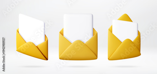 3D Three yellow envelopes with white paper sheets. 3D icons for digital communication and email messages. Minimalist design for notification, newsletter and correspondence concept. Vector illustration